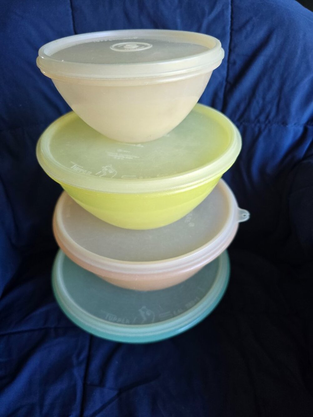 Vintage Tupperware Set of Bowls with Lids Green, Yellow, Coral & Pastel Pinks